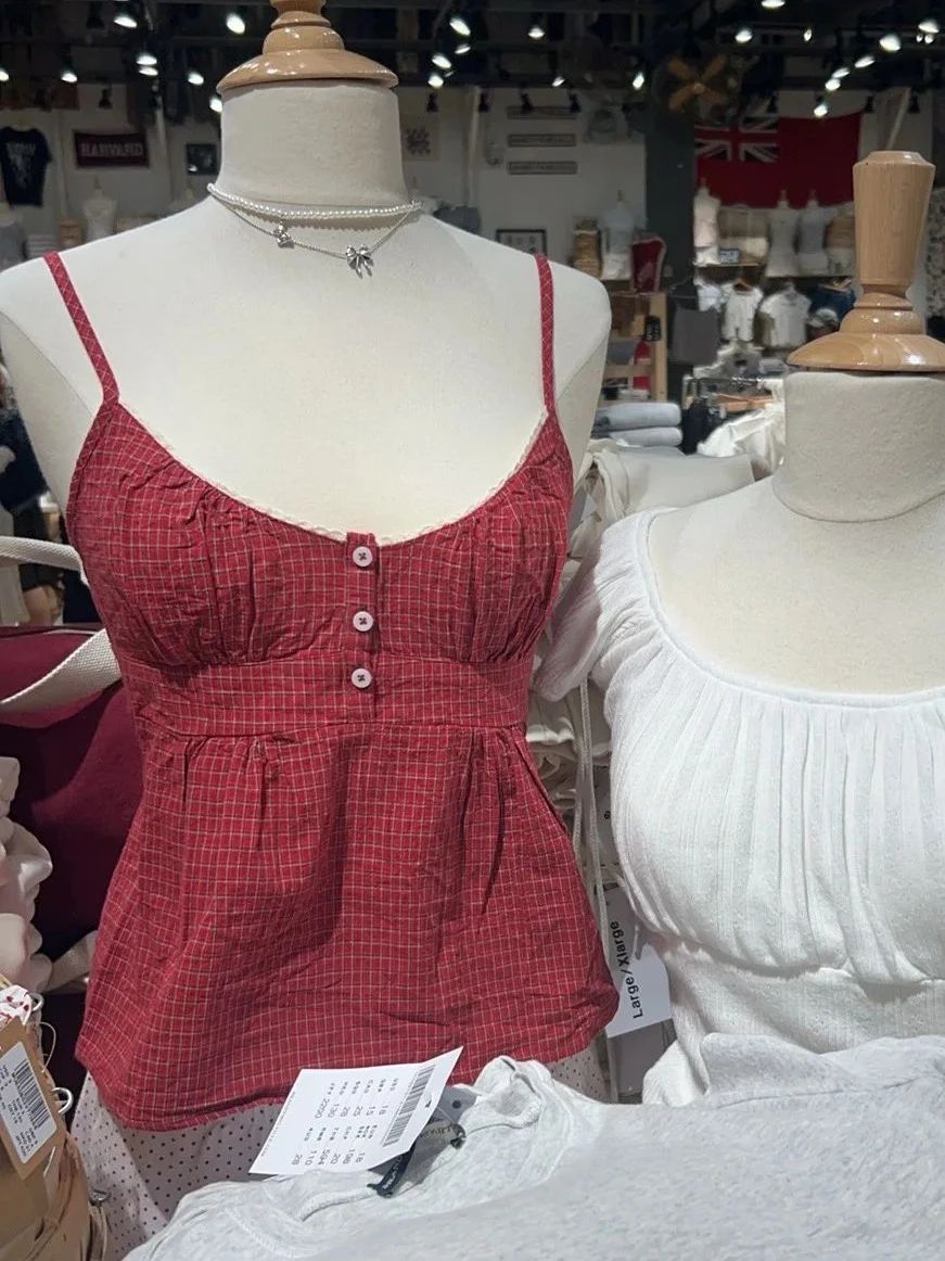 Red Plaid Buttons Tank Shorts  - огляд і ціна Elastic Lace Trim